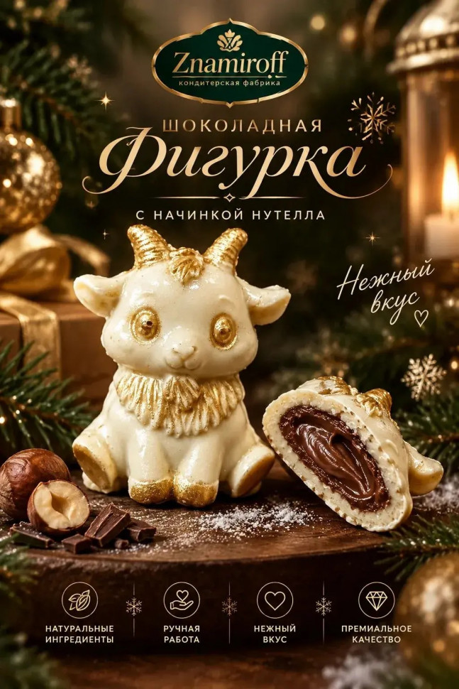  Шоколад фигурный "Мультяшный козлик" белый шоколад с начинкой нутелла(блок 5шт по 70г) в Павловском посаде