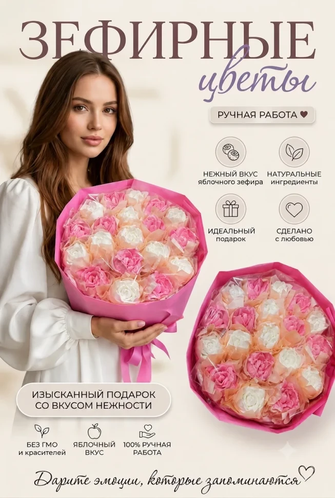  Букет Зефирный Размер XL бело-розовый,350г в Павловском посаде